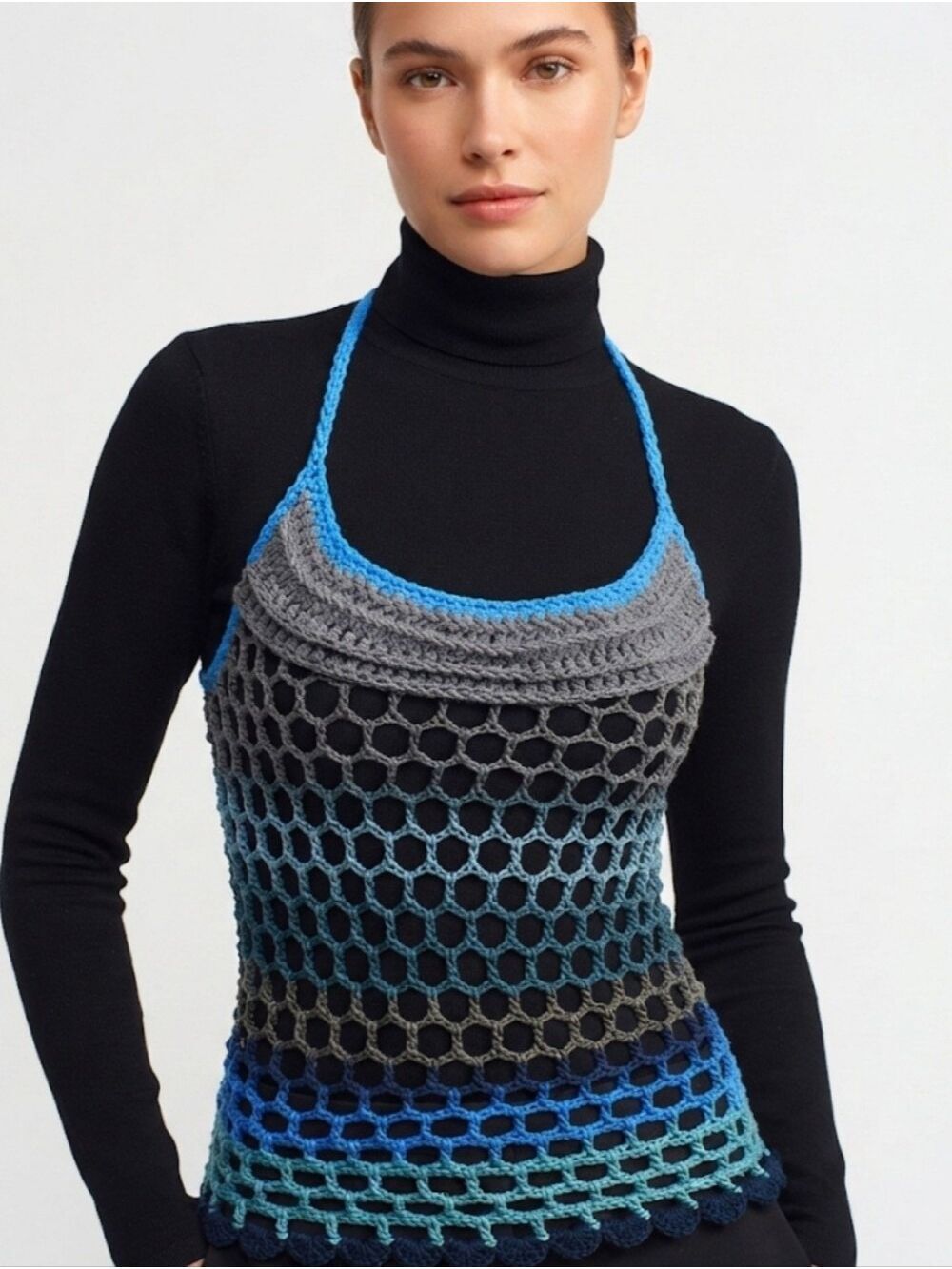 Hand Crafted Crochet Top Blue Gray Green Resort Wear One of a Kind